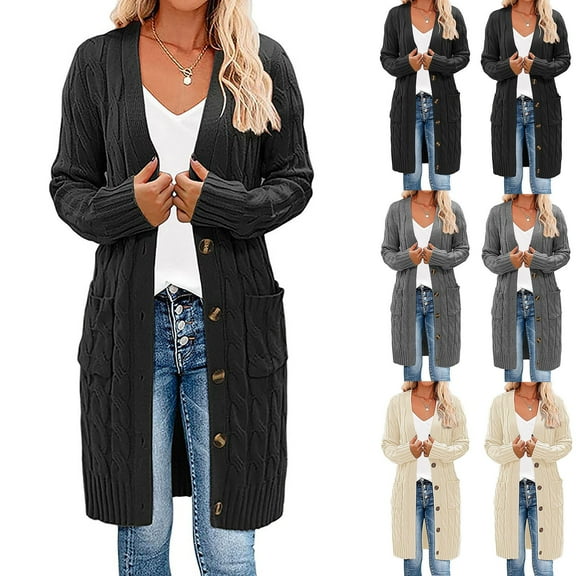 BiZtdJrK Cable Knit Sweater Women Long Sleeve Open Front Cardigan Sweaters Casual Maxi Cardigans Fashion Button Down Outerwear with Pockets Black XL