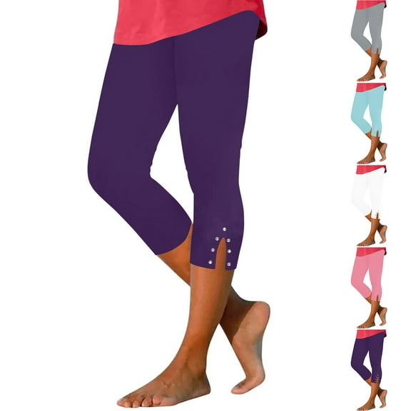 BiZtdJrK Capri Leggings for Women Rhinestone Side Split Yoga Workout Capris High Waist Lightweight Summer Beach Legging Blue XXXL