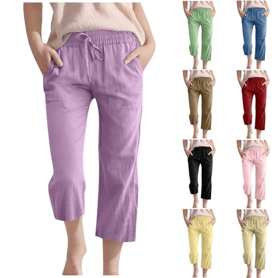 BiZtdJrK Capri Pants for Girls High Waisted Straight Legs Linen Trousers Pull On Elastic Waist Loose Cropped Pants with Pocket Blue Lightning Sale