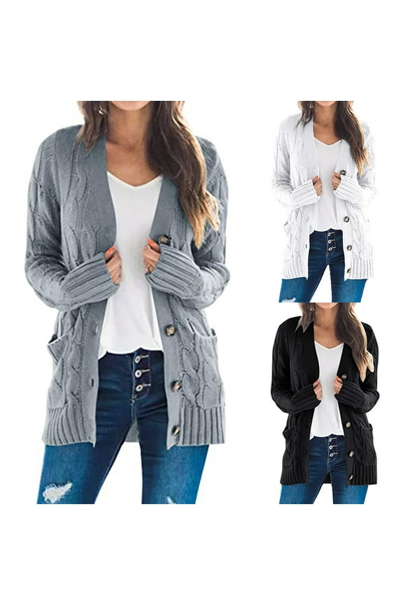 Cardigan Sweaters for Women Cable Knit Comfy Cotton Sweater Button Down Long Sleeve Open Front Cardigans with Pockets Gray S