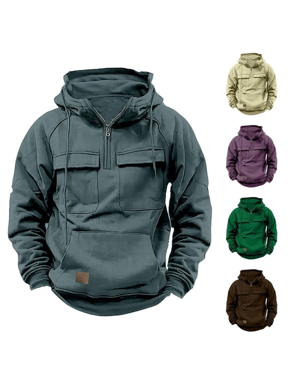 Cargo Hoodies for Men Quarter Zip Pullover Sweatshirt Workout Tactical Hoodies Oversized Drawstring Hooded Sweatshirts with Kanga Pocket Dark Gray S
