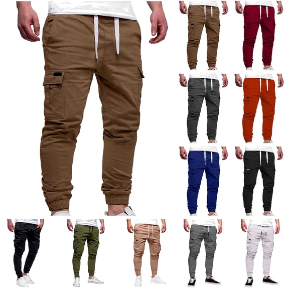 BiZtdJrK Cargo Joggers for Men Drawstring Waist Slim Fit Multi Pocket Casual Outdoor Activity Pants, Black, S