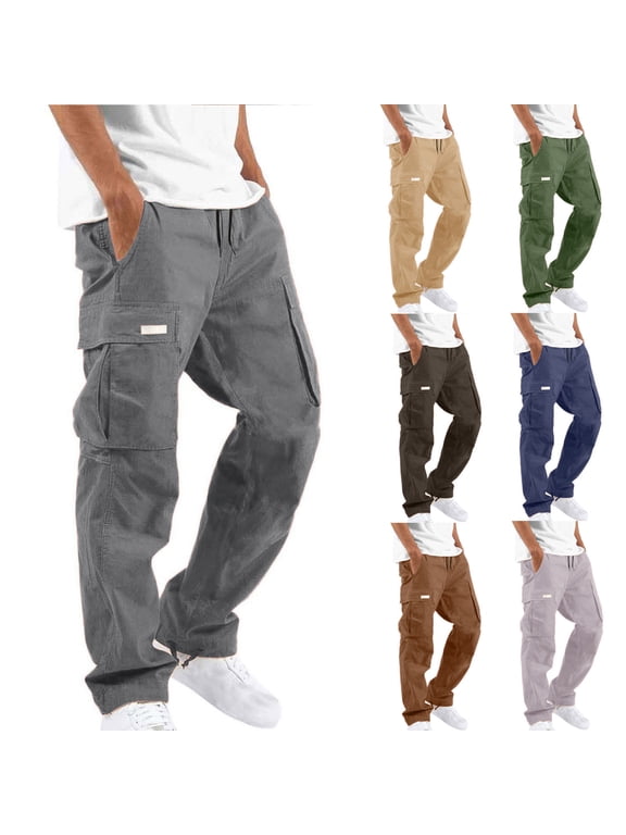 Cargo Pants for Men Casual Outdoor Fishing Hiking Pants Straight Leg Multi Pockets Work Trousers Solid Loose Fit Sweatpants My Orders Placed by Me Khaki 3XL