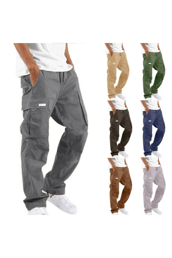 Cargo Pants for Men Casual Outdoor Fishing Hiking Pants Straight Leg Multi Pockets Work Trousers Solid Loose Fit Sweatpants Prime Today Gray M