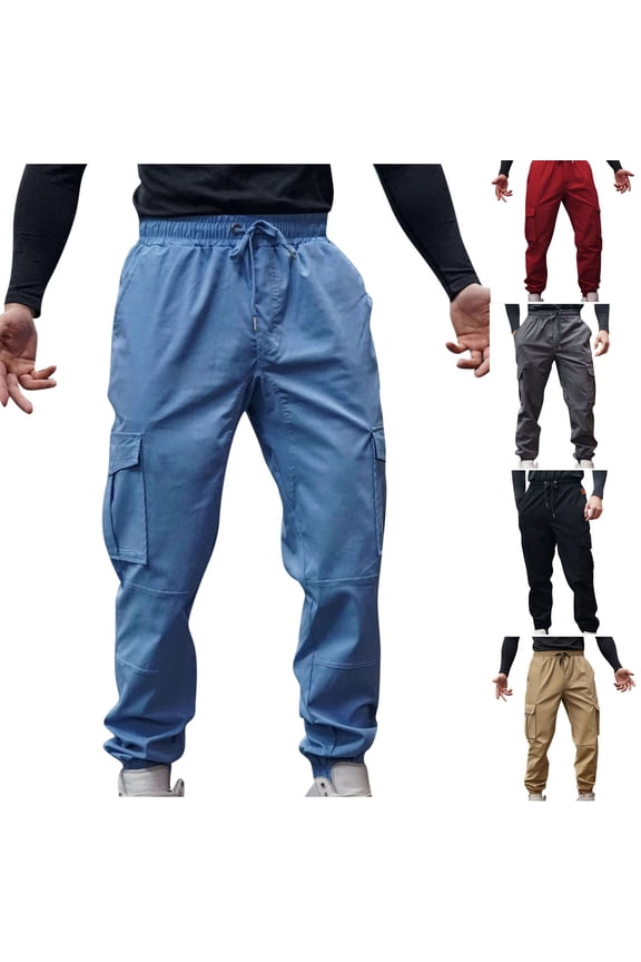 BiZtdJrK Cargo Pants for Men Hiking Military Work Outdoor Pants with Multic Pockets Elastic Waist Drawstring Joggers Trousers, Black, XL