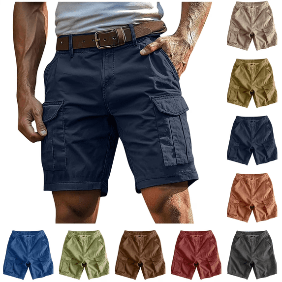 BiZtdJrK Cargo Shorts for Men Big and Tall Knee Length Bermuda Hiking Shorts Solid Color Casual Short Work Pants with Multi Pocket (NO Belt), Blue, XL