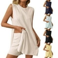 thumbnail image 1 of BiZtdJrK Casual Sets for Women 2 Piece Fashion Comfy Cotton Outfits Side Split Sleeveless Tops and Shorts Matching Summer Set Beige M, 1 of 8