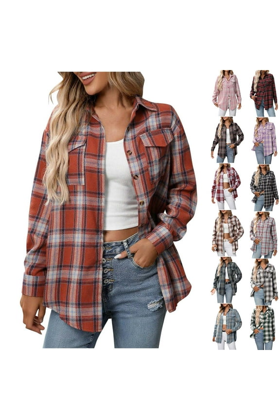 Casual Shacket Jacket for Women Plaid Long Sleeve Button Down Shirts Fashion Street Jackets with Chest Pockets Green M