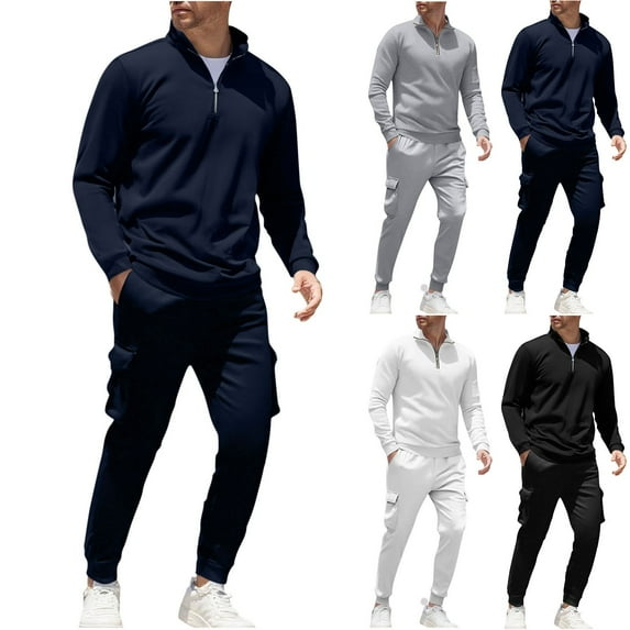 BiZtdJrK Casual Sweat Set for Men 1/4 Zip Stand Collar Long Sleeve Sweatshirts and Cargo Sweatpants 2 Piece Outfits Jogger Sport Tracksuits with Pockets Gray S