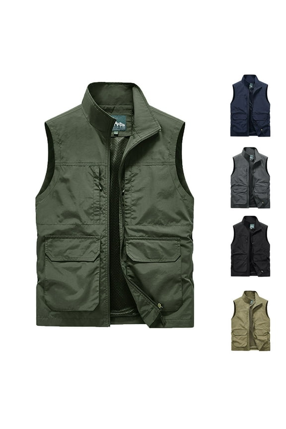 Casual Vests for Mens Lightweight Sleeveless Zip Up Cargo Vest Outdoor Work Hiking Travel Golf Vest with Pockets Sales For Today On Walmart Khaki XXXXL
