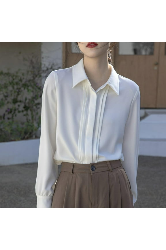 Chiffon Button Shirt for Women Turndown Collar Long Sleeve Office Blouse Fashion Business Casual Dress Shirts White S