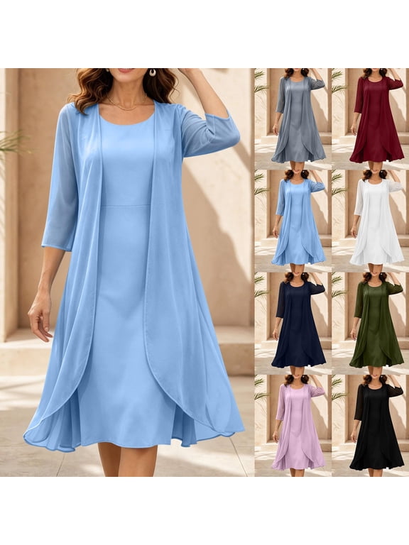 Chiffon Mother of the Bride Dresses, 3/4 Sleeve Cardigans with Round Neck Midi Dress 2 Piece Sets Sleeveless Fashion Wedding Guest Dress Navy L