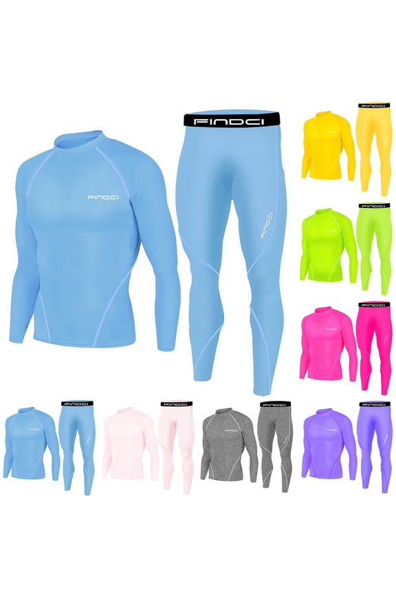 Christmas Sales Men Compression Sets Quick Drying Long Sleeve T Shirt And Tights Pants 2 Piece Big and Tall Soft Stretch Fitness Training Sports Suit Light blue XL