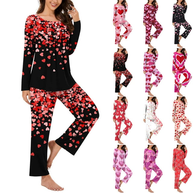 BiZtdJrK Clearance On Halloween Womens Pajamas Set Long Sleeve Button Up V Neck Pullover Tops and Pants 2 Piece Lounge Outfits Valentine's Day Heart Print Sleepwear Pink L