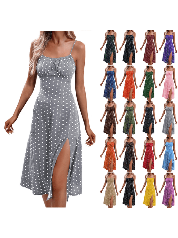 BiZtdJrK Summer Dresses for Women 2026 Trendy Spaghetti Strap Polka Dot Midi Dress Casual Sleeveless Slit Beach Boho Sundresses Blue M