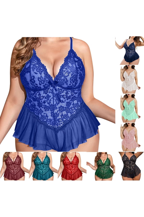 Clearance Sales Today Sales Prime, Plus Size Lingerie for Women Lace Bodysuit Deep V Neck Ruffles One Piece Rompers Summer Hollow Out Pajamas Green XXXXXL