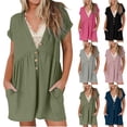 thumbnail image 1 of BiZtdJrK Women's Summer Short Sleeve Rompers Casual Button V Neck Short Jumpsuits Loose Fit Wide Leg Rompers Beach Outfits with Pockets Army Green XXL, 1 of 8