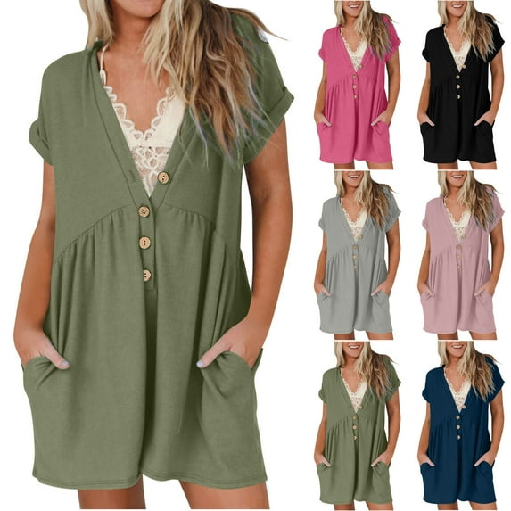 BiZtdJrK Women's Summer Short Sleeve Rompers Casual Button V Neck Short Jumpsuits Loose Fit Wide Leg Rompers Beach Outfits with Pockets Army Green XXL