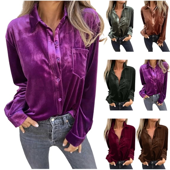 BiZtdJrK Coffee Velvet Long Sleeve Tops for Women Fall Winter Casual Button Collared Shirts Loose Dressy Work Business Blouse with Pocket L