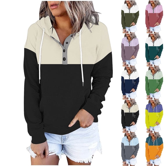 BiZtdJrK Color Block Sweatshirt for Women Drawstring Button Up Long Sleeve Hooded Sweatshirts Fall Fashion Pullover Tops with Pocket Orange S