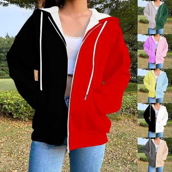 BiZtdJrK Color Block Sweatshirts for Women Zip Up Long Sleeve Drawstring Hoodies with Pockets Fall Winter Oversized Athletic Coat Green XL