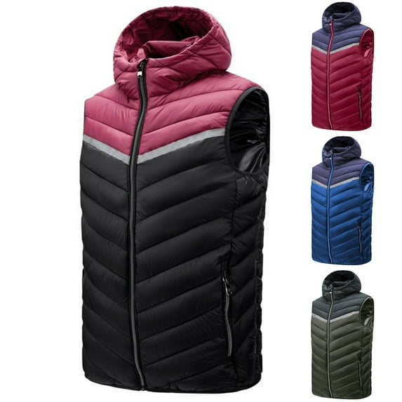 BiZtdJrK Color Block Vest for Men Zipper Sleeveless Hooded Puffer Vests Big and Tall Lightweight Windproof Water-Resistant Vest with Pockets Todays Daily Sales Wine M