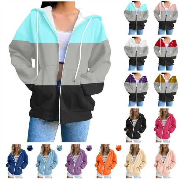 BiZtdJrK Color Block Zip Up Hoodies for Women Long Sleeve Oversized Drawstring Sweatshirts with Pockets Fall Winter Lightweight Gym Coat Pink M