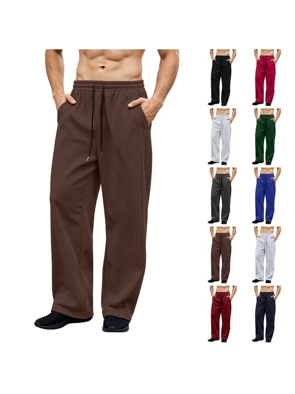 Comfy Casual Pants for Men Drawstring Elastic Waist Straight Leg Sweatpants Loose Fit Solid Color Sweatpant with Pockets Coffee L