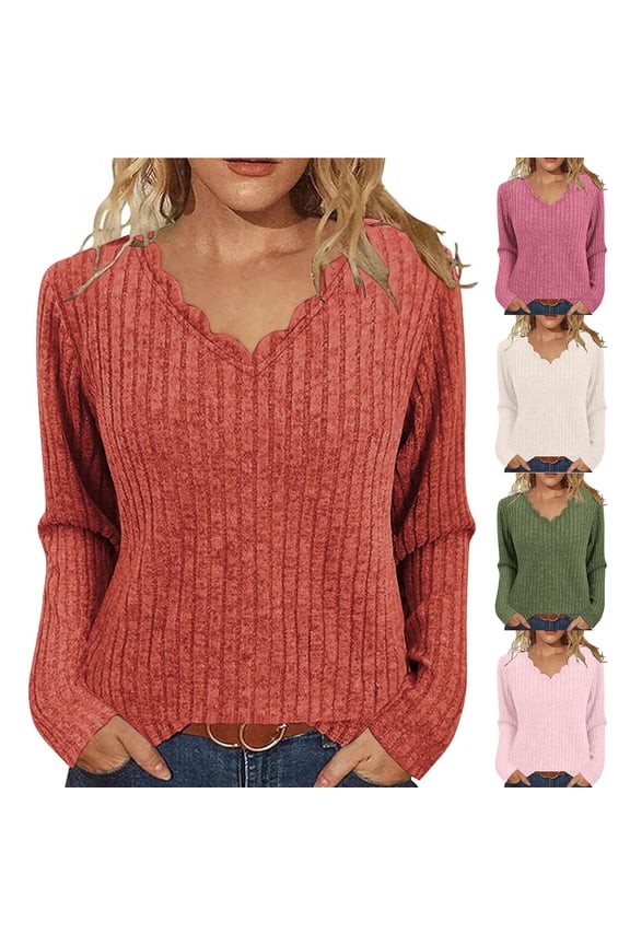 Comfy T Shirts for Women Wave Trim V Neck Long Sleeve Ribbed Knit Tee Tops Loose Fit Casual Spring Blouse Green S