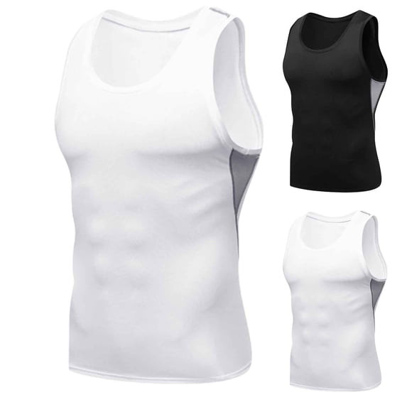 BiZtdJrK Compression Shirts for Men Moisture Wicking Gym Workout Cut Off Shirts Summer Lightweight Sleeveless Tank Tops White L