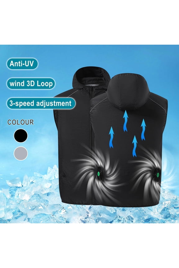 Cooling Sleeveless Hoodie Jacket Men 3 Speed Mode Air Conditioned Clothes Uv Protection Zip Up Outdoor Vest with 2 Fans Gray XXL