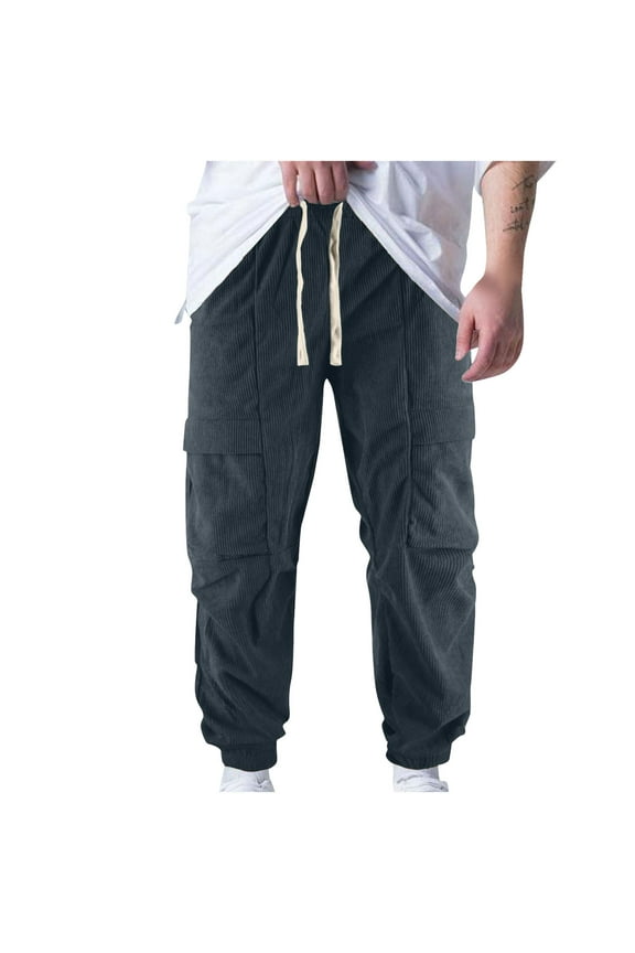Corduroy Cargo Pants for Men Multi Pockets Casual Tapered Pants Solid Elasic Waist Drawstring Trousers Outdoor Travel Work Pants Blue XXL
