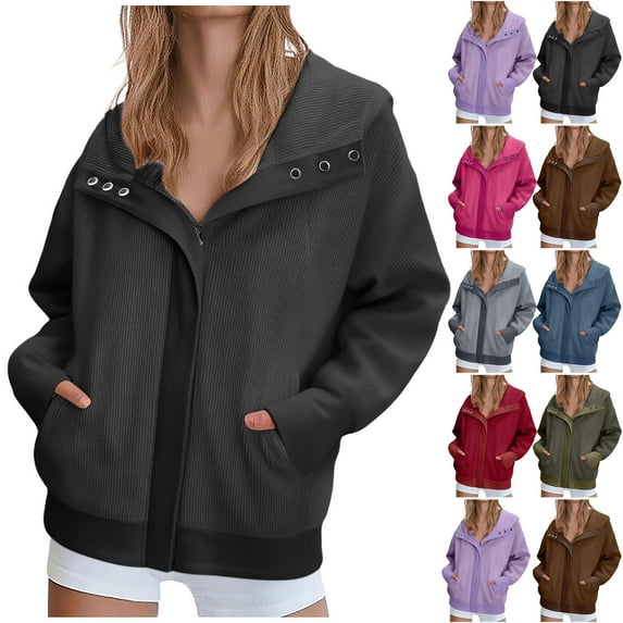 BiZtdJrK Corduroy Jacket Women Zip Up Buckle Collar Hoodie Sweatshirts Fall Winter Comfy Loose Hooded Jackets with Pockets Brown M