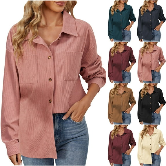 BiZtdJrK Corduroy Long Sleeve Shirts for Women Casual Button Down Lapel Blouse Solid Color Loose Fit Shirt Jacket with Pockets Going Out Tops Lighten Sales of the Day Navy XXL