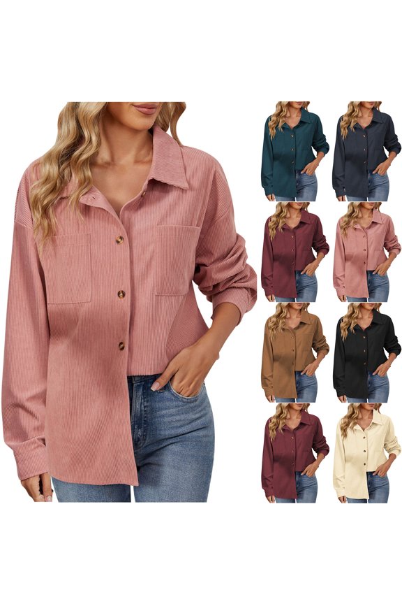 Corduroy Long Sleeve Shirts for Women Casual Button Down Lapel Blouse Solid Color Loose Fit Shirt Jacket with Pockets Going Out Tops Back to School Sales Beige S