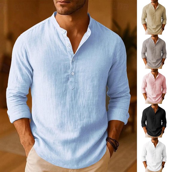 BiZtdJrK Cotton Henley Shirt for Men Button Up Grandad Collar Dressy Casual Tee Shirts Rolled Long Sleeve Classic Fit Solid Color Tops Sky Blue L