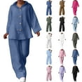 thumbnail image 1 of BiZtdJrK Cotton Linen 2 Piece Sets for Women 2024 Fall Button Down Long Sleeve Shirts and Loose Wide Leg Pants Outfits Solid Casual Plus Size Lounge Set Back to College Sale Purple XL, 1 of 1