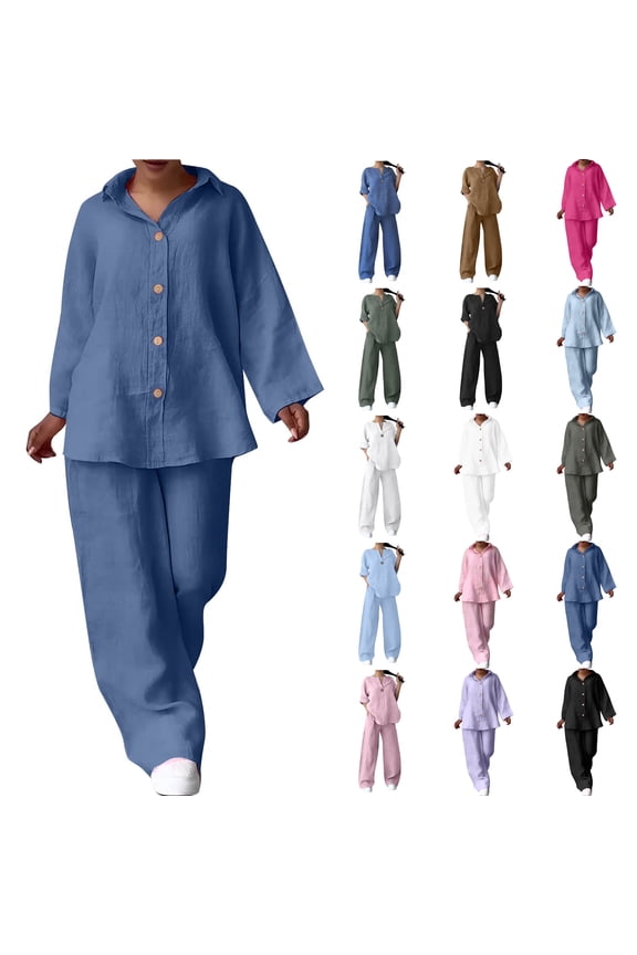 Cotton Linen 2 Piece Sets for Women 2025 Fall Button Down Long Sleeve Shirts and Loose Wide Leg Pants Outfits Solid Casual Plus Size Lounge Set Limited Time Sales of the Day Black L