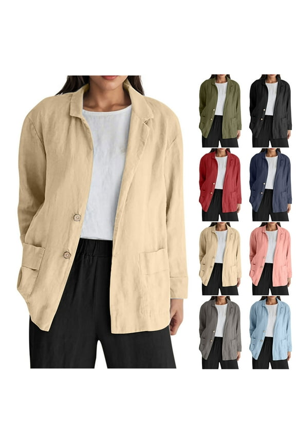 Cotton Linen Blazer Jackets for Women Lapel Long Sleeve Button Down Dress Jacket Loose Breathable Cardigans with Pockets Pink XXL