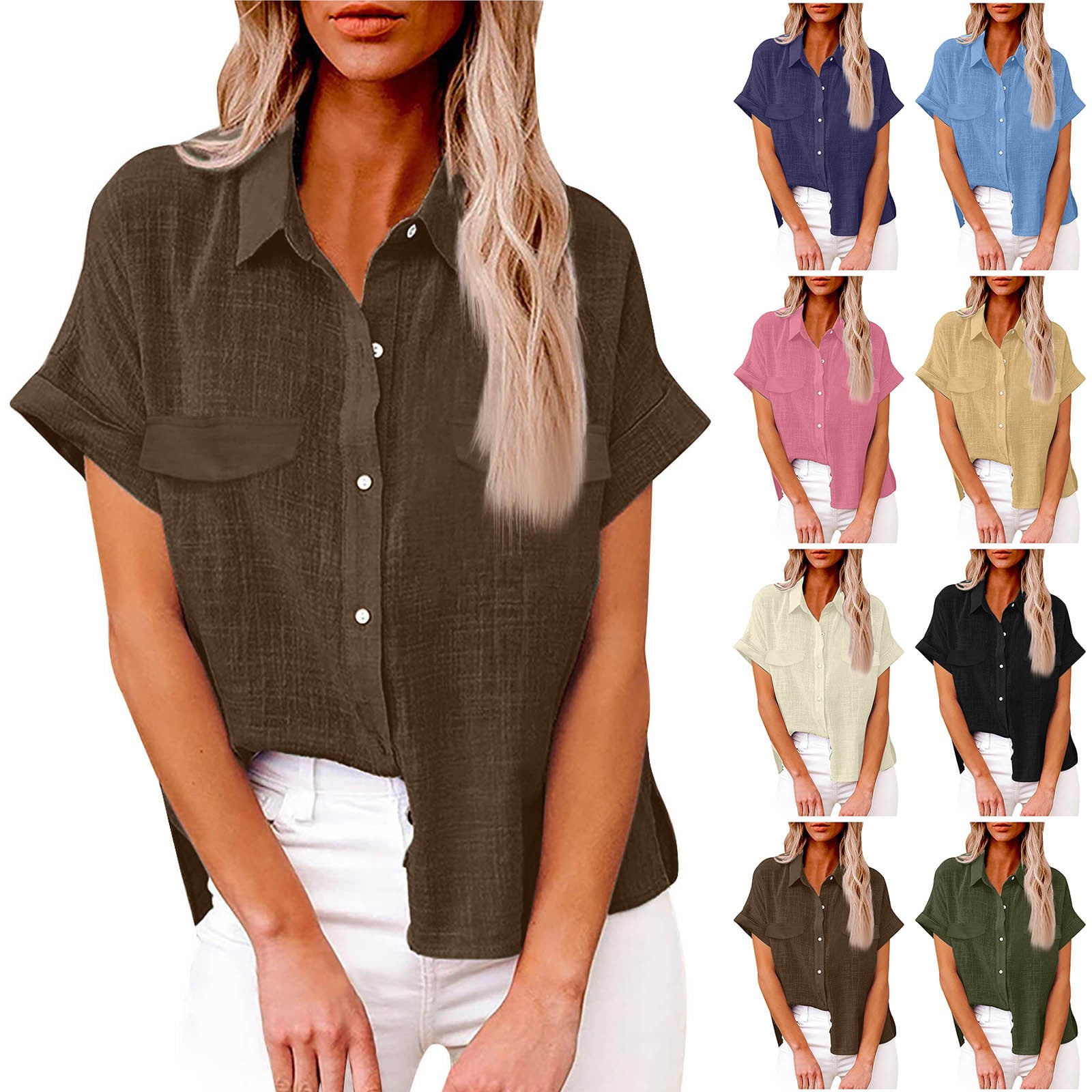 BiZtdJrK Cotton Linen Blouse for Women Short Sleeve Collared Button ...