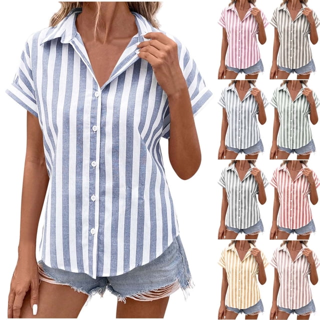 BiZtdJrK Cotton Linen Button Down Shirts for Women Vertical Stripe Tie ...