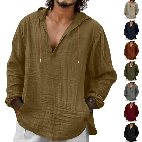 BiZtdJrK Cotton Linen Hoodie for Men Casual Lightweigh Long Sleeve V Neck Beach Tops Fall Fashion Drawstring Sweatshirts, Wine, M