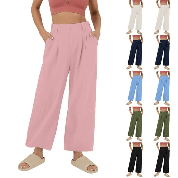 BiZtdJrK Cotton Linen Pants for Women Elastic High Waisted Straight Wide Leg Pants Baggy Comfy Lounge Beach Trousers with Pockets Army Green XL