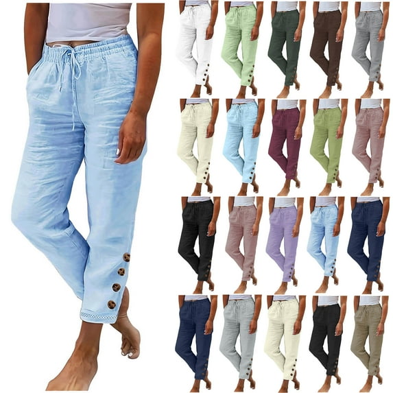 BiZtdJrK Cotton Linen Pants for Women Summer Casual Drawstring Beach Pants Outdoor Loose Wide Leg Pants Solid Color Lounge Trousers with Pockets Back to School Prime Sales Gray XXL