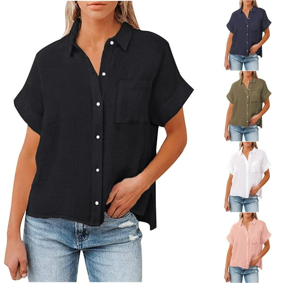 BiZtdJrK Cotton Linen Shirts with Pocket for Women Button Down Blouse Summer Breathable Short Sleeve Casual Dress Tops Navy M