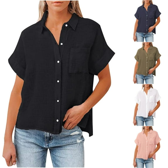 BiZtdJrK Cotton Linen Shirts with Pocket for Women Button Down Blouse Summer Breathable Short Sleeve Casual Dress Tops Navy XL