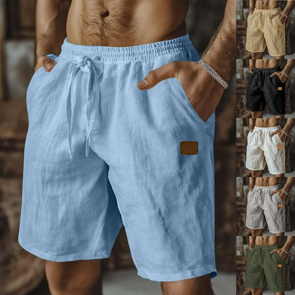 BiZtdJrK Cotton Linen Shorts for Men Drawstring Elastic Waist Casual Summer Shorts Lightweight Breathable Beach Shorts with Pockets Army Green M