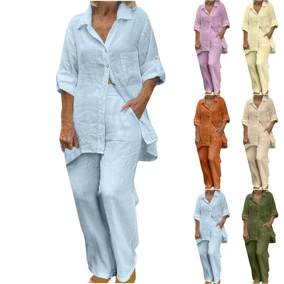 BiZtdJrK Cotton Linen Solid Casual Sets for Women Asjustable Sleeve Button Down Blouse Tops and Pants Set Summer Work 2 Piece Outfits with Pockets