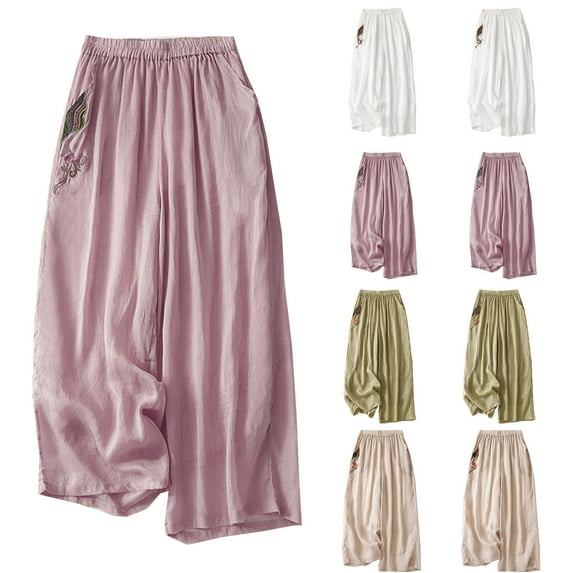 BiZtdJrK Cotton Linen Wide Leg Pants for Women Summer Loose Fit Palazzo Pants Casual Elastic Waist Pants Vintage Ethnic Embroidery Trousers with Pockets Prime Sales Beige L