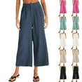 thumbnail image 1 of BiZtdJrK Cotton Linen Wide Leg Pants for Women Elastic High Waisted Cropped Pants Dressy Casual Work Pants with Pockets Dark Blue XL, 1 of 7